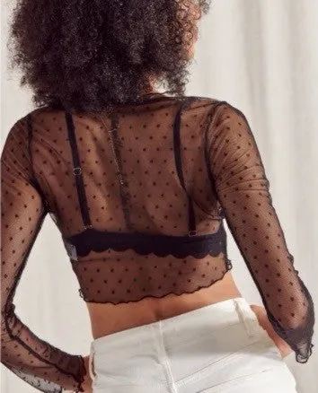Long Sleeve Lettuce Edge Tie Polka Dot Mesh Crop Top