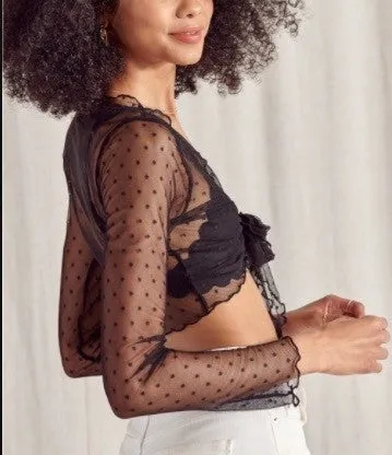 Long Sleeve Lettuce Edge Tie Polka Dot Mesh Crop Top