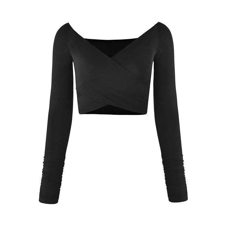 Long-sleeved Backless V-Neck Corp Top