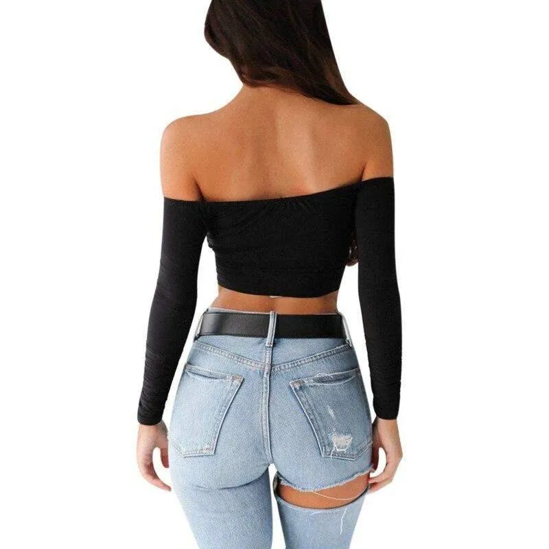 Long-sleeved Backless V-Neck Corp Top