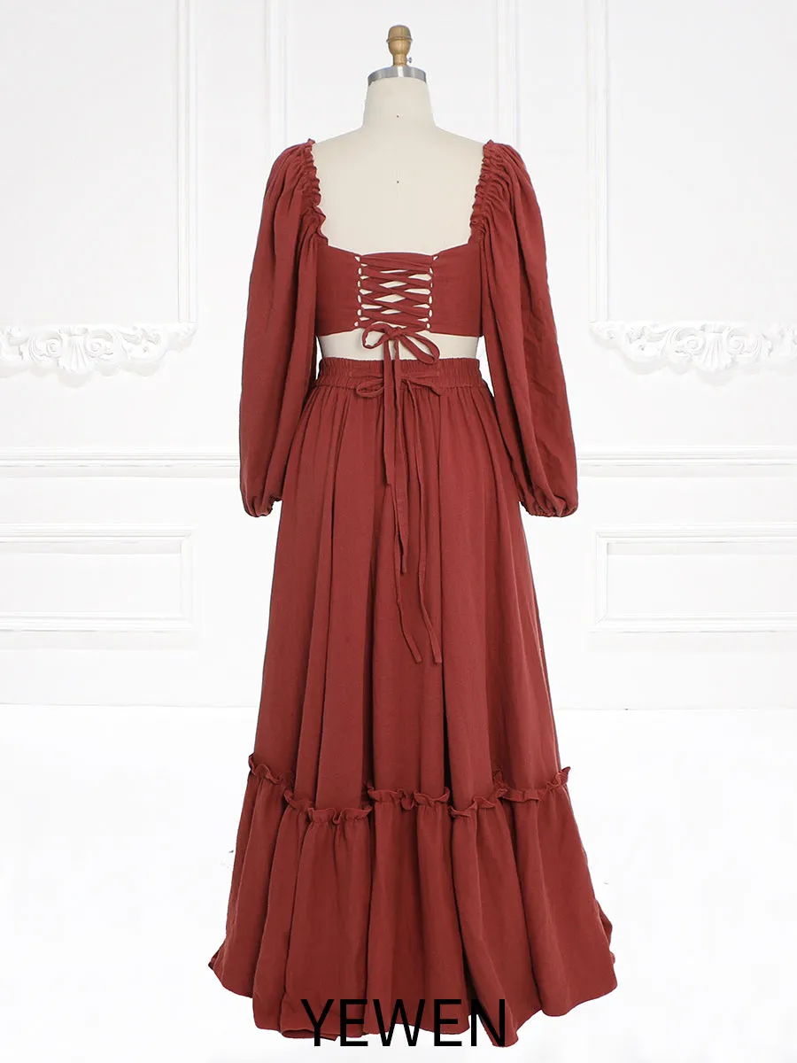 Long Sleeves Adjust Back Woman Cotton Maxi Dress Photoshoot Dresses Outfit YW231113