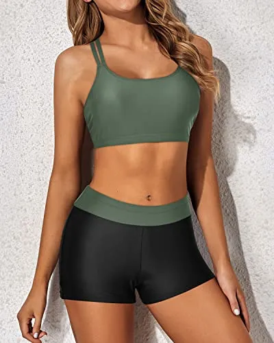 Loose & Long Mid Waisted Tankini Swimsuits For Women-Army Green And Black