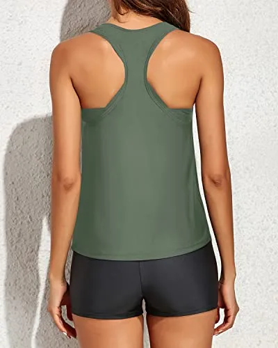 Loose & Long Mid Waisted Tankini Swimsuits For Women-Army Green And Black