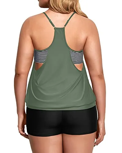 Loose Fit Push Up Tankini Top With Boy Shorts For Women-Navy Blue