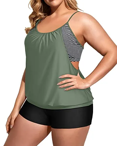 Loose Fit Push Up Tankini Top With Boy Shorts For Women-Navy Blue