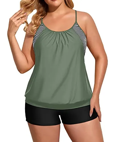 Loose Fit Push Up Tankini Top With Boy Shorts For Women-Navy Blue
