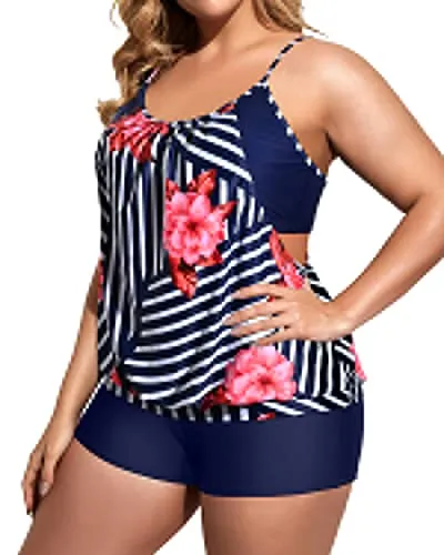 Loose Fit Tankini Top With Boy Shorts For Plus Size Women-Navy Blue And Red Fl