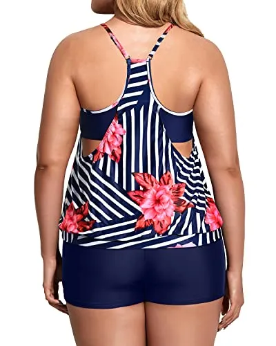 Loose Fit Tankini Top With Boy Shorts For Plus Size Women-Navy Blue And Red Fl