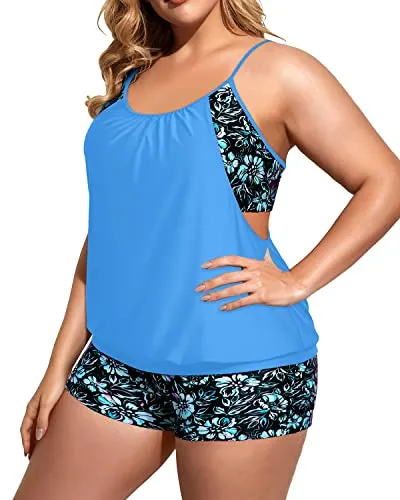 Loose Fit Two Piece Tankini Set Swimsuits For Plus Size-Blue Flower On Black