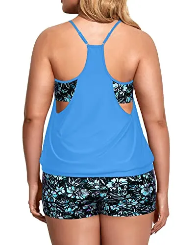 Loose Fit Two Piece Tankini Set Swimsuits For Plus Size-Blue Flower On Black