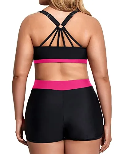 Loose Plus Size Bathing Suits For Women With High Waisted Boy Shorts-Neon Pink