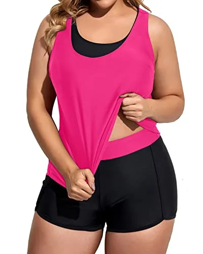 Loose Plus Size Bathing Suits For Women With High Waisted Boy Shorts-Neon Pink