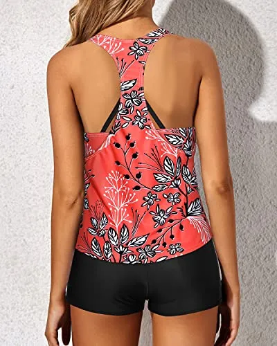 Loose Tankini Top With Tummy Control Boyshorts For Women And Moms-Red Floral