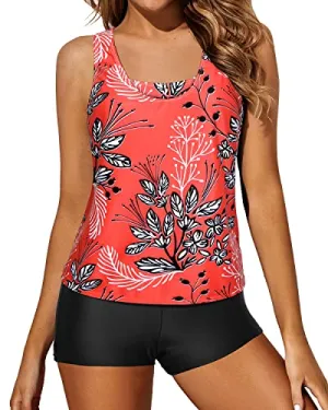 Loose Tankini Top With Tummy Control Boyshorts For Women And Moms-Red Floral
