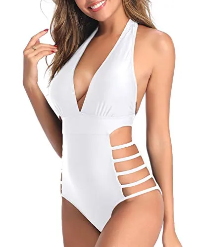 Low Back Plunge V Neck Halter Bathing Suits Backless One Piece Swimsuits-White