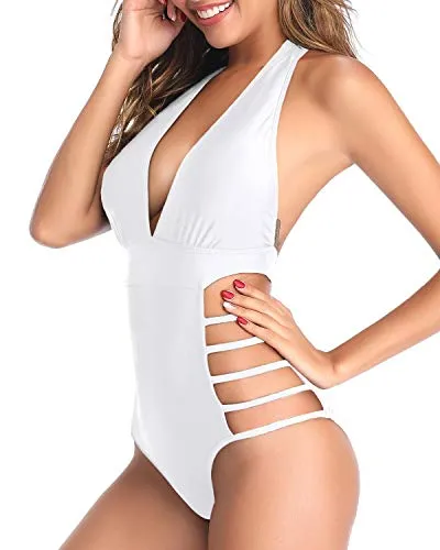 Low Back Plunge V Neck Halter Bathing Suits Backless One Piece Swimsuits-White