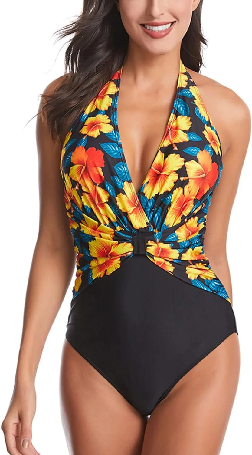 Lu's Chic Women's Halter One Piece Bathing Suit Deep Plunge Swimsuit V Neck Floral Leopard Printed