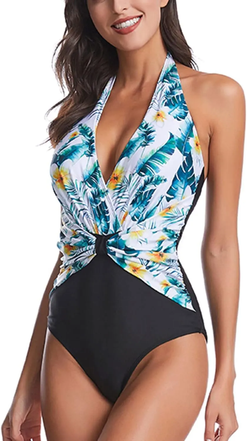 Lu's Chic Women's Halter One Piece Bathing Suit Deep Plunge Swimsuit V Neck Floral Leopard Printed