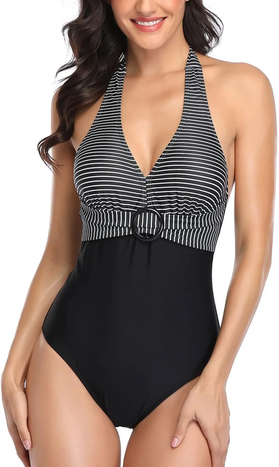 Lu's Chic Women's Halter One Piece Bathing Suit Stripe Printed Swimsuit V Neck Open Back Monokini