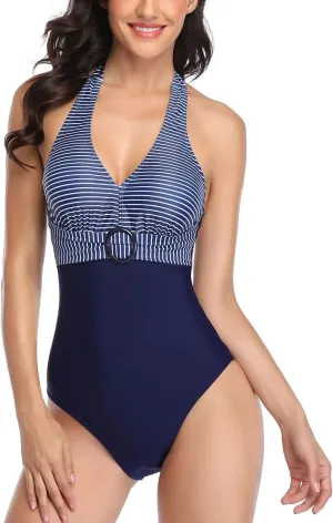 Lu's Chic Women's Halter One Piece Bathing Suit Stripe Printed Swimsuit V Neck Open Back Monokini