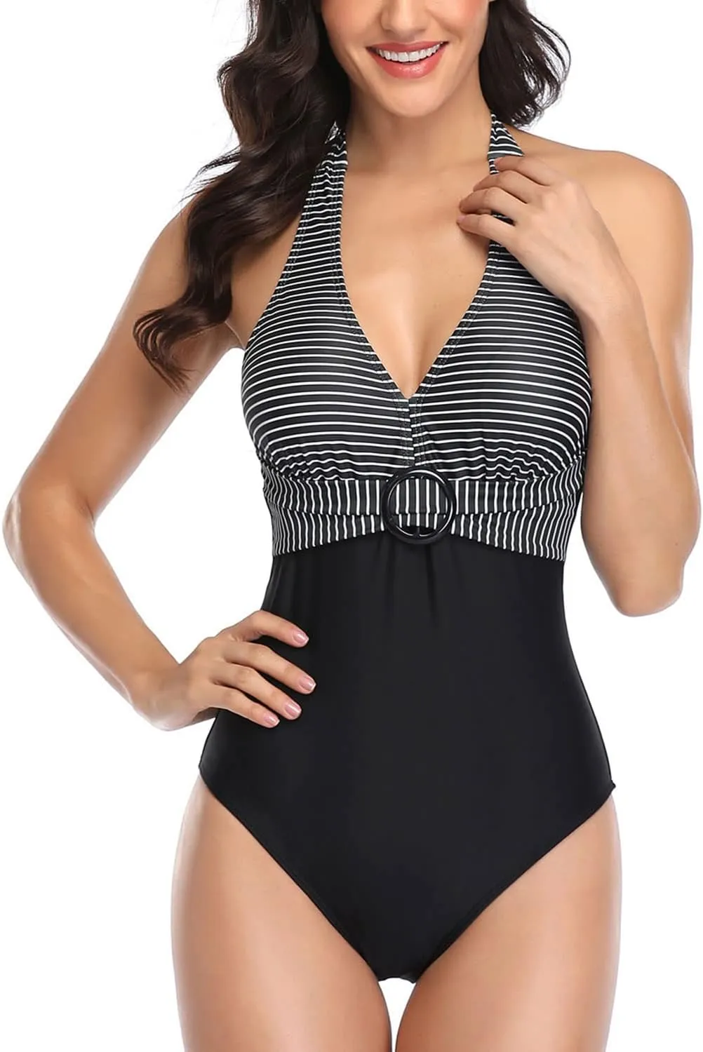 Lu's Chic Women's Halter One Piece Bathing Suit Stripe Printed Swimsuit V Neck Open Back Monokini