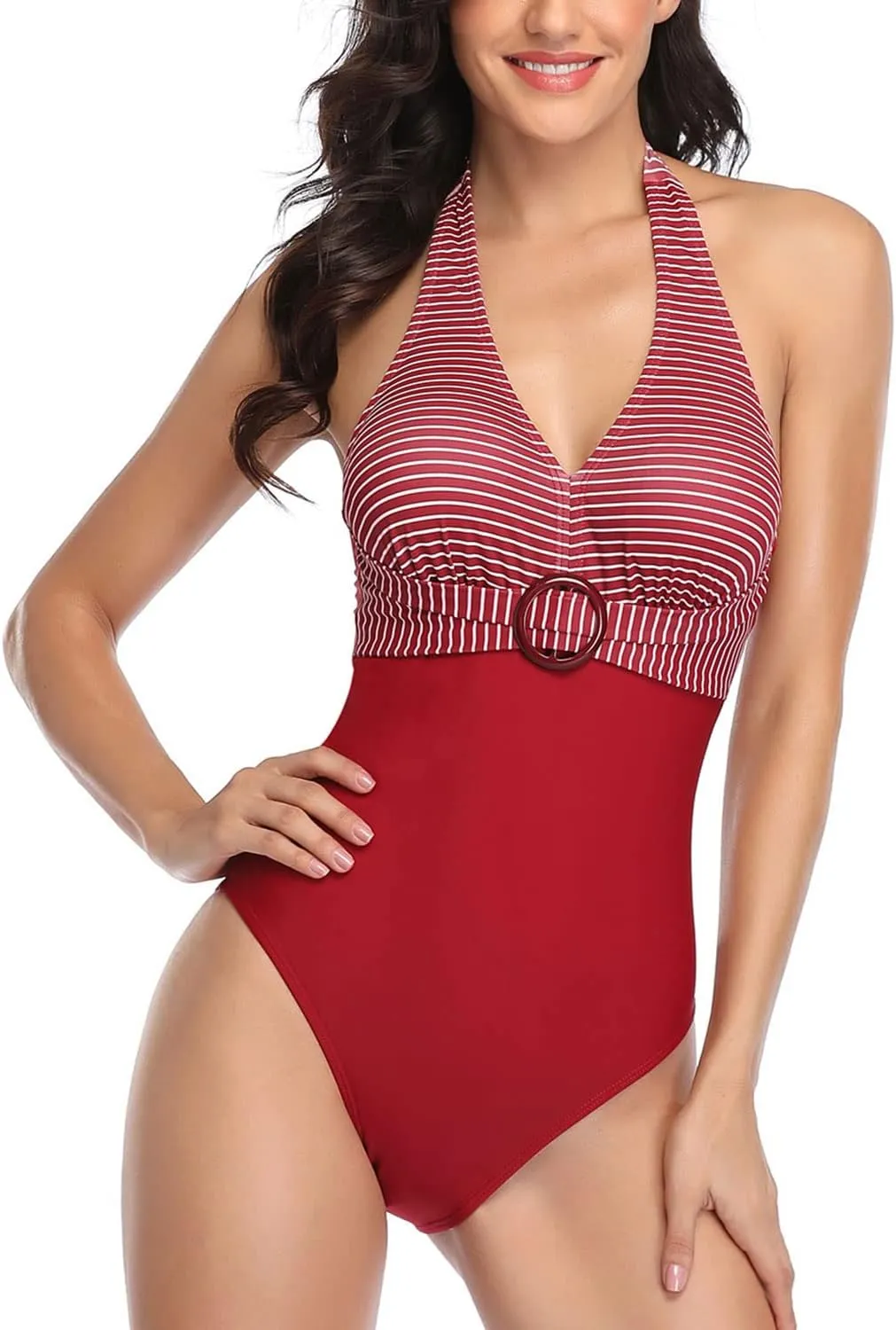 Lu's Chic Women's Halter One Piece Bathing Suit Stripe Printed Swimsuit V Neck Open Back Monokini