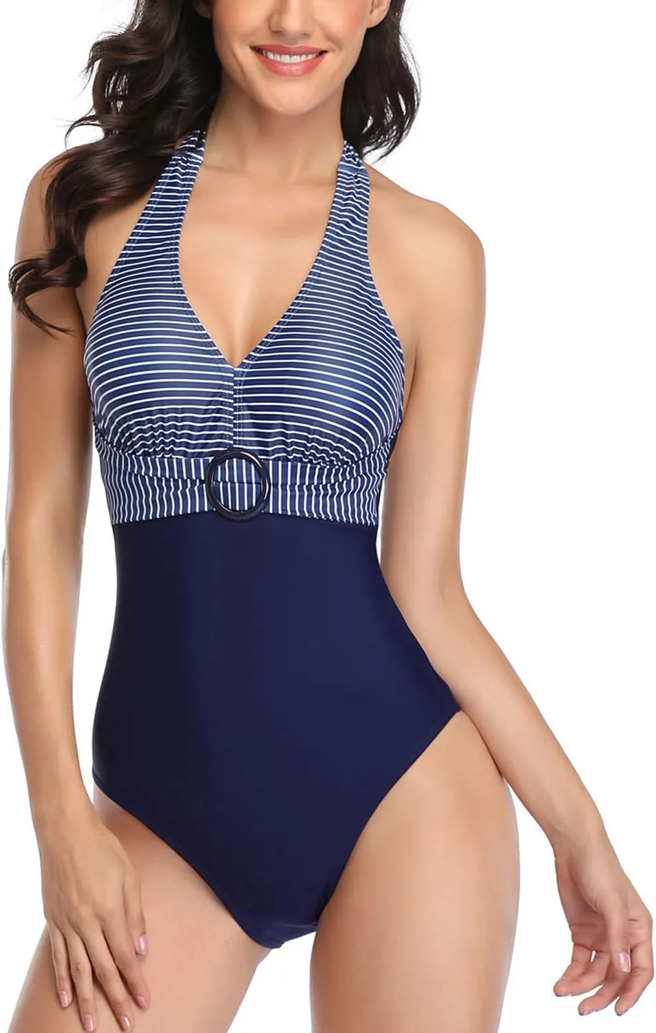 Lu's Chic Women's Halter One Piece Bathing Suit Stripe Printed Swimsuit V Neck Open Back Monokini