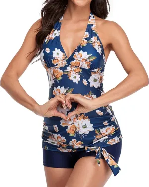 Lu's Chic Women's Maternity Swim Dress 2 Piece Long Tankini Top & Shorts Flowy Swimsuit Bathing Suit with Skirt