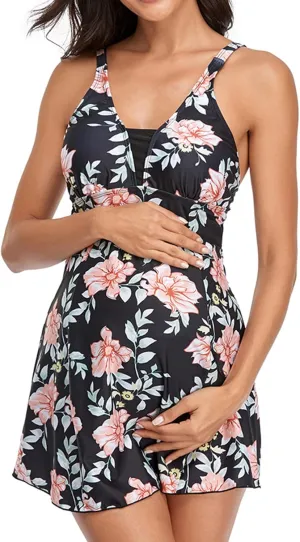 Lu's Chic Women's Maternity Swim Dress 2 Piece Long Tankini Top & Shorts Flowy Swimsuit Bathing Suit with Skirt