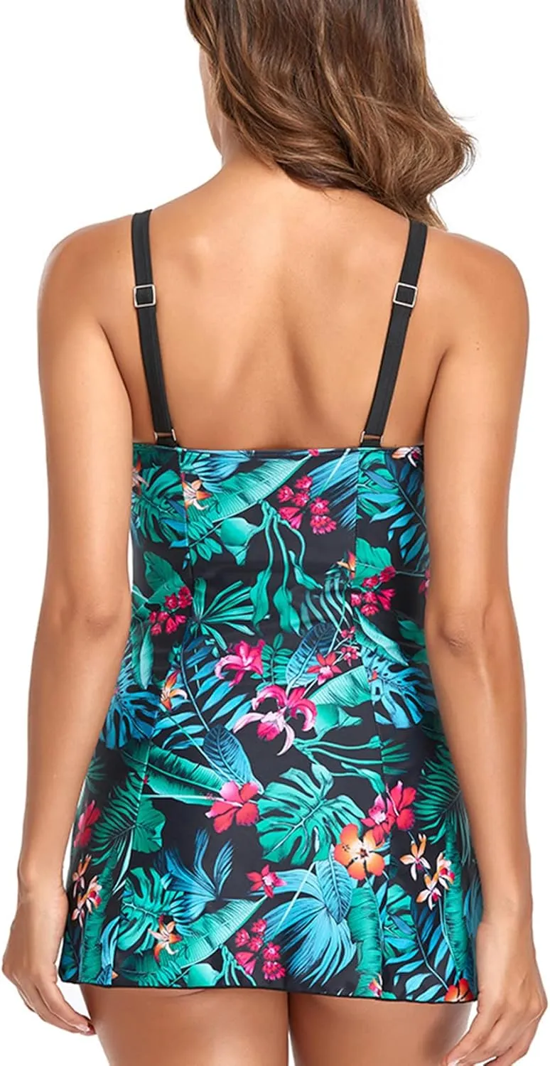 Lu's Chic Women's Maternity Swim Dress 2 Piece Long Tankini Top & Shorts Flowy Swimsuit Bathing Suit with Skirt
