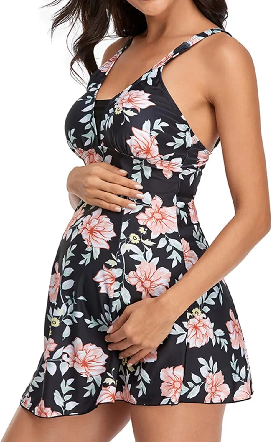 Lu's Chic Women's Maternity Swim Dress 2 Piece Long Tankini Top & Shorts Flowy Swimsuit Bathing Suit with Skirt