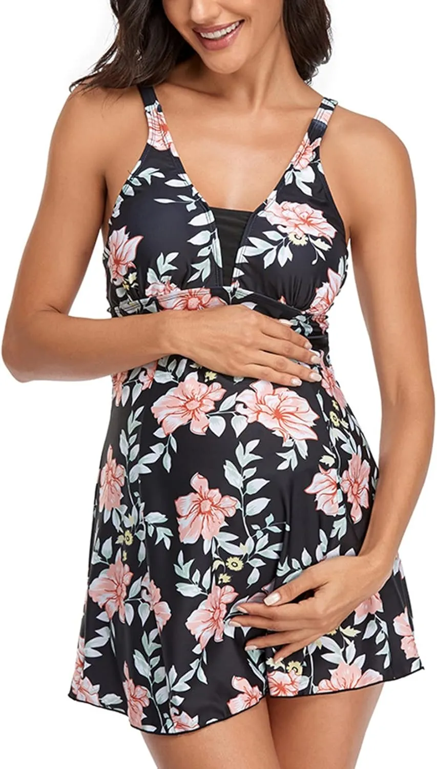 Lu's Chic Women's Maternity Swim Dress 2 Piece Long Tankini Top & Shorts Flowy Swimsuit Bathing Suit with Skirt