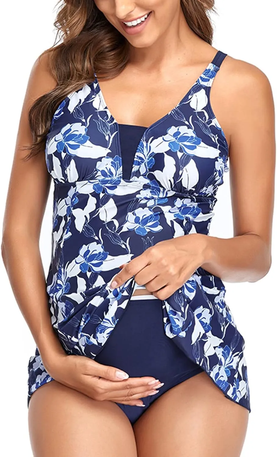 Lu's Chic Women's Maternity Swim Dress 2 Piece Long Tankini Top & Shorts Flowy Swimsuit Bathing Suit with Skirt