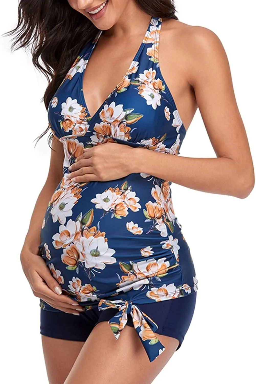 Lu's Chic Women's Maternity Swim Dress 2 Piece Long Tankini Top & Shorts Flowy Swimsuit Bathing Suit with Skirt