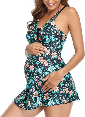 Lu's Chic Women's Maternity Swim Dress 2 Piece Long Tankini Top & Shorts Flowy Swimsuit Bathing Suit with Skirt