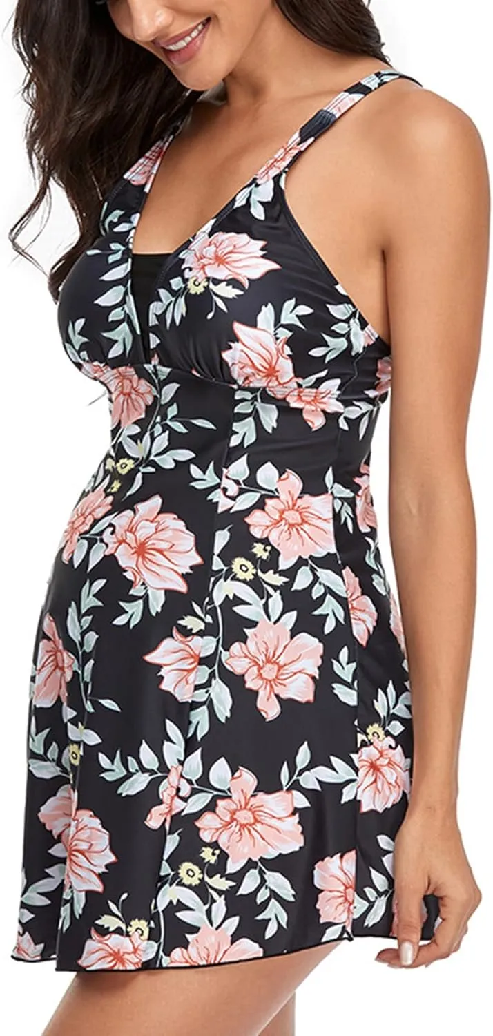Lu's Chic Women's Maternity Swim Dress 2 Piece Long Tankini Top & Shorts Flowy Swimsuit Bathing Suit with Skirt