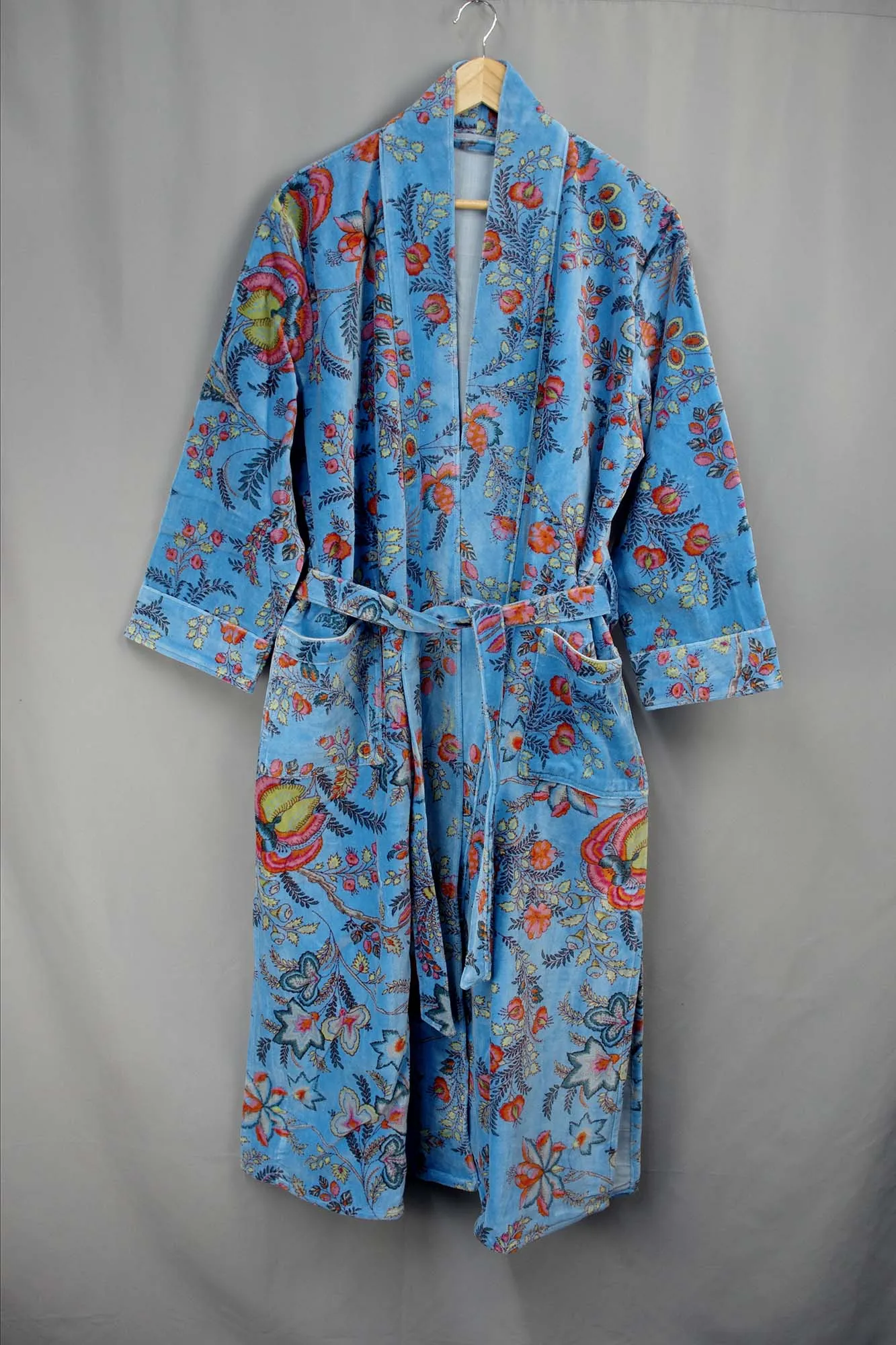 Luxury Blue Floral Velvet Kimono Boho Robe With Lining.