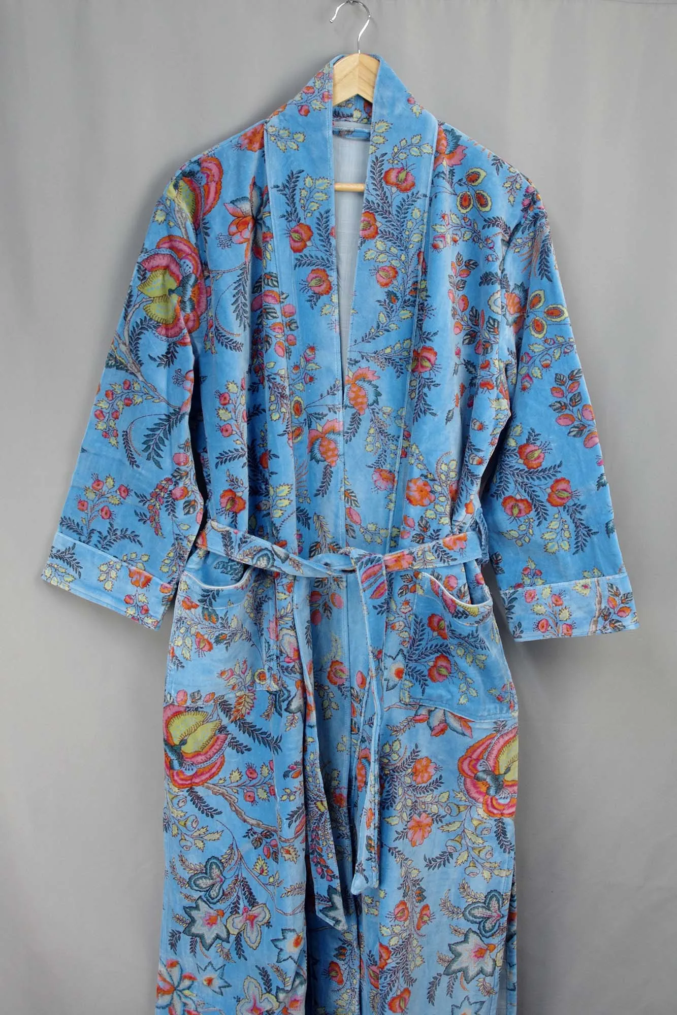 Luxury Blue Floral Velvet Kimono Boho Robe With Lining.