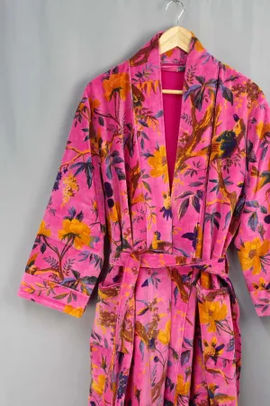 Luxury Pink Yellow Bird of Paradise Velvet Kimono Boho Robe With Lining.