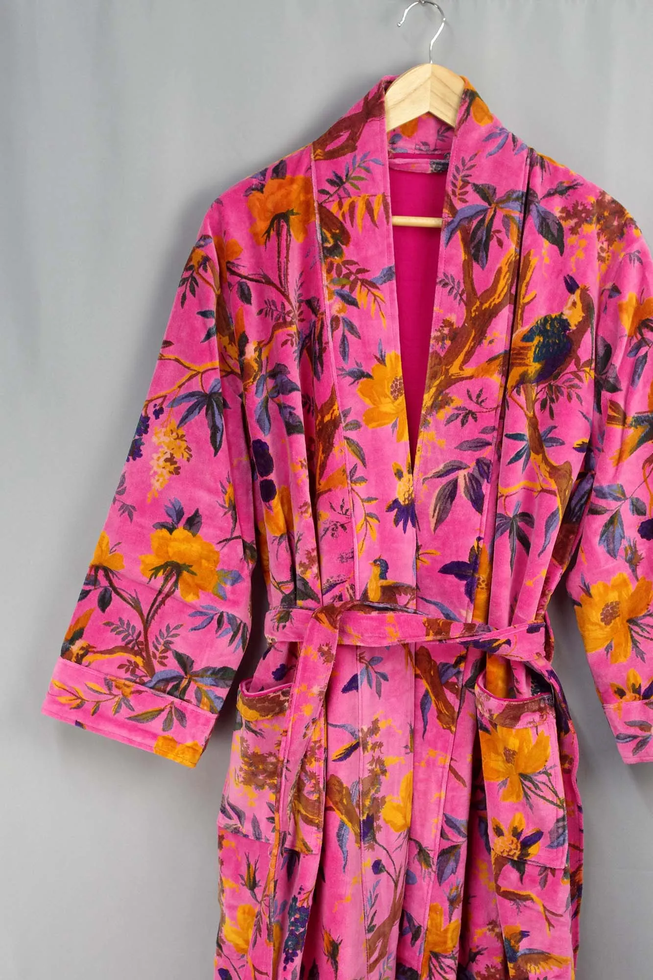 Luxury Pink Yellow Bird of Paradise Velvet Kimono Boho Robe With Lining.
