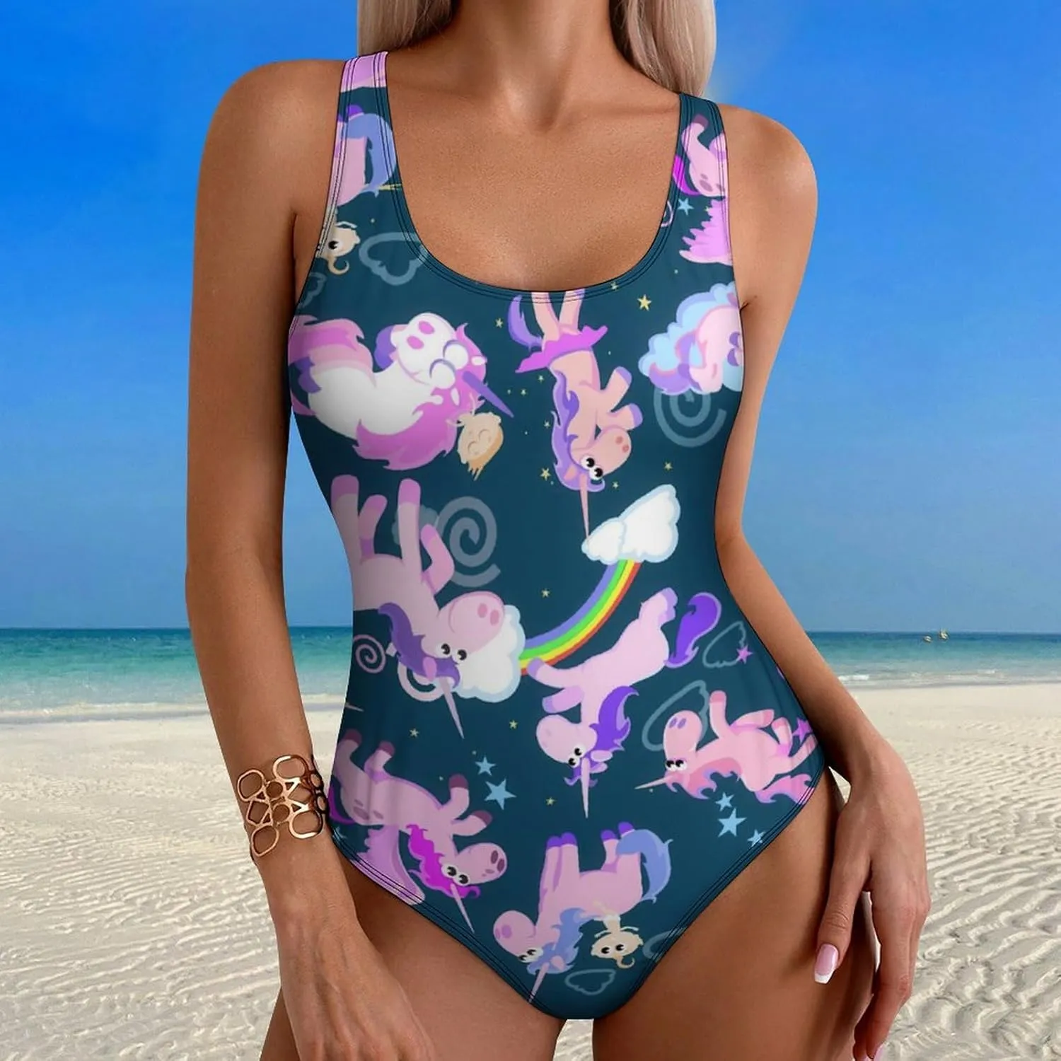 Magic Unicorn Womens' One Piece Bathing Suits Halter Scoop Neck Esthetic Tummy Control Bathing Suit