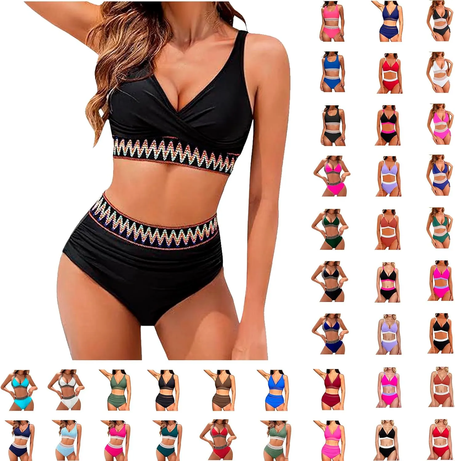 maisdgop High Waisted Bikini Sets for Women V Neck Tummy Control Swimsuits Comfy Soft Color Block Two Piece Bathing Suit
