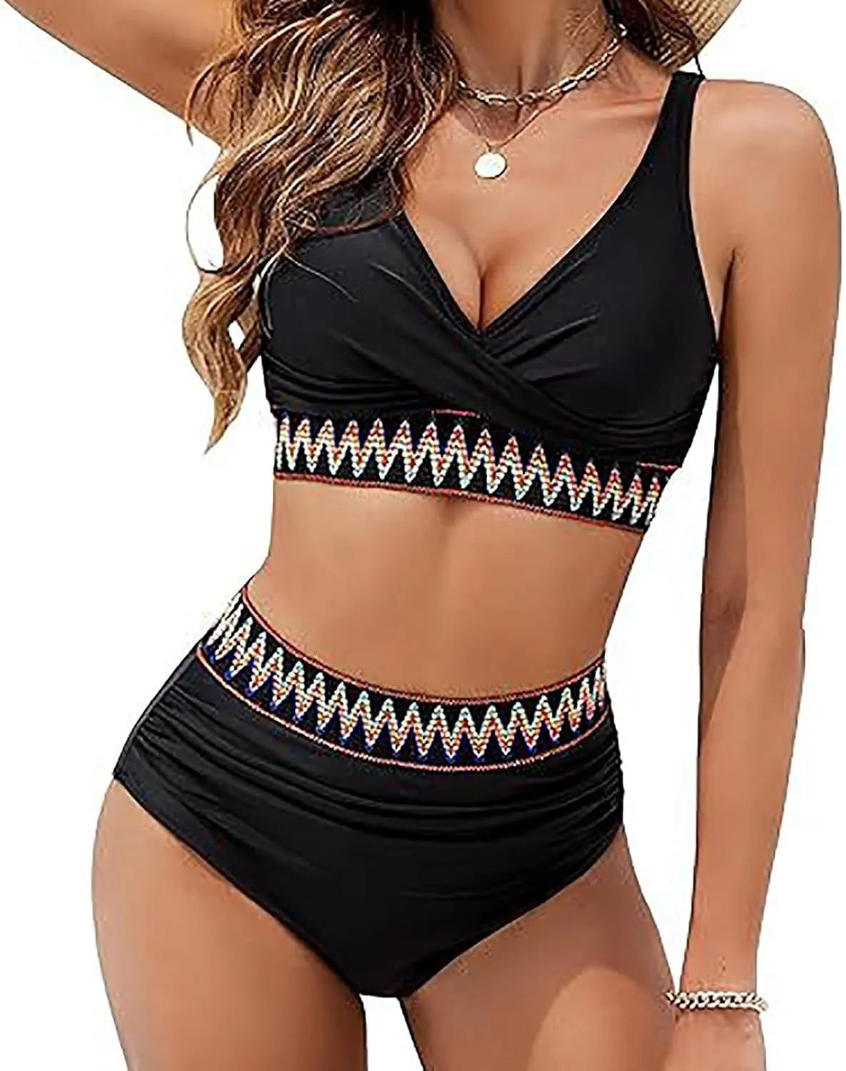 maisdgop High Waisted Bikini Sets for Women V Neck Tummy Control Swimsuits Comfy Soft Color Block Two Piece Bathing Suit