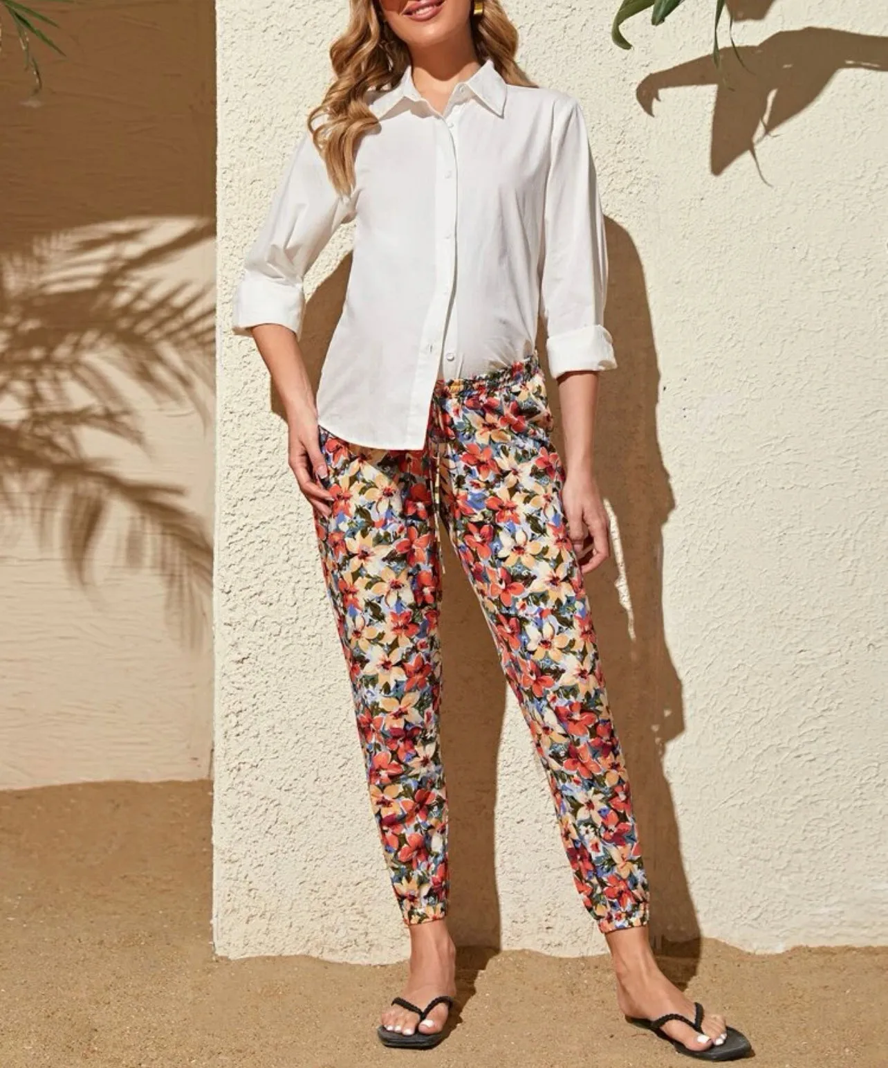 Maternity floral print tie front pants