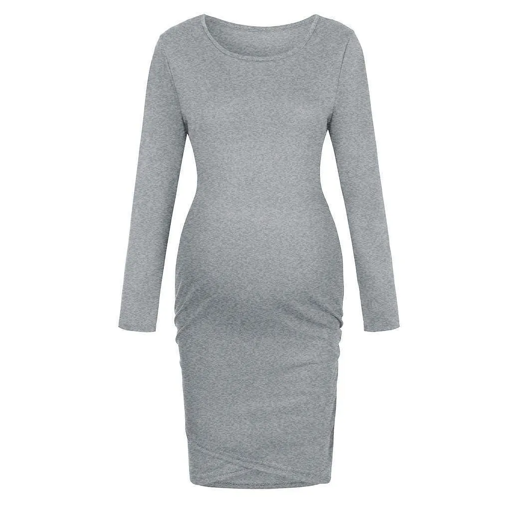 maternity long sleeve pure colour dress