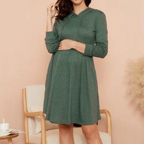 Maternity V-neck Plain Knee length A Long-sleeve Dress