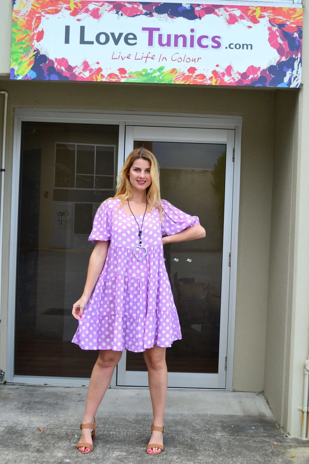 Mauve Polka Dot Puff Sleeves Tunics Dress