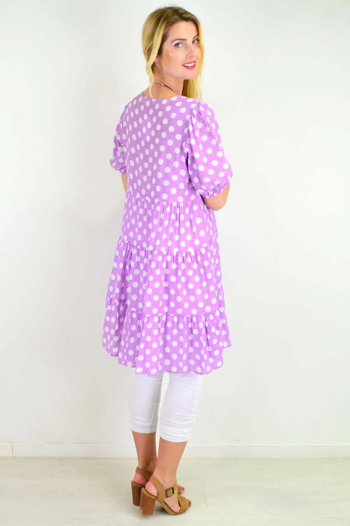Mauve Polka Dot Puff Sleeves Tunics Dress