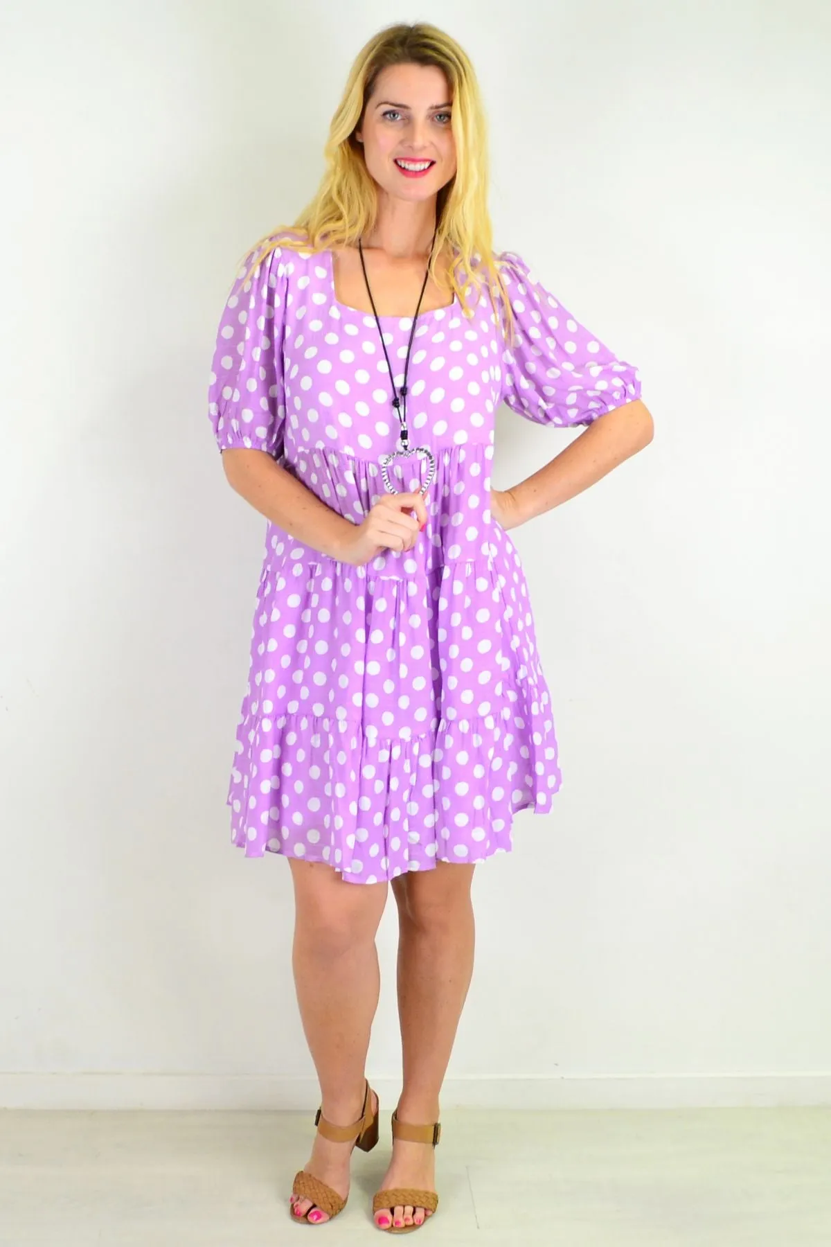 Mauve Polka Dot Puff Sleeves Tunics Dress