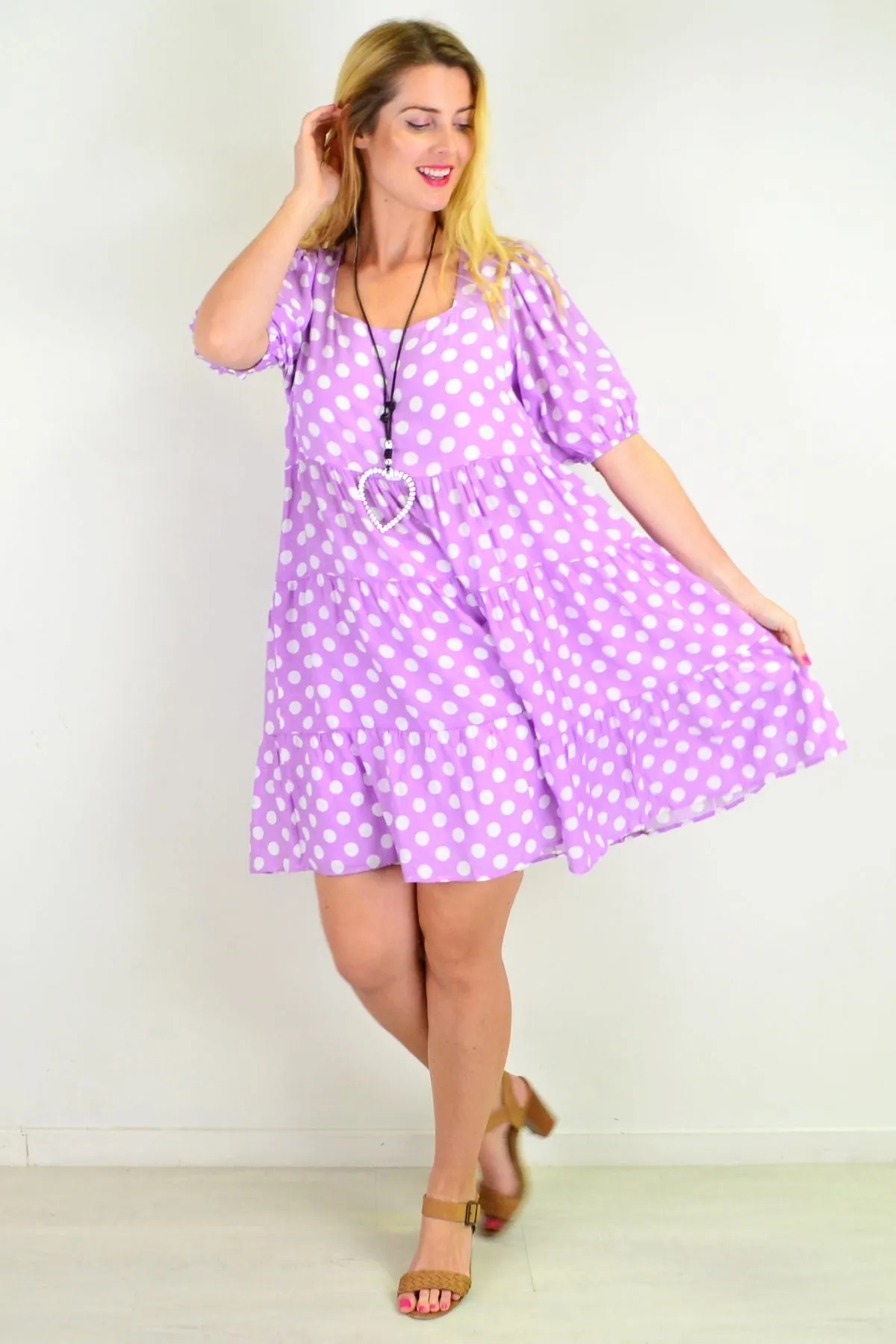 Mauve Polka Dot Puff Sleeves Tunics Dress